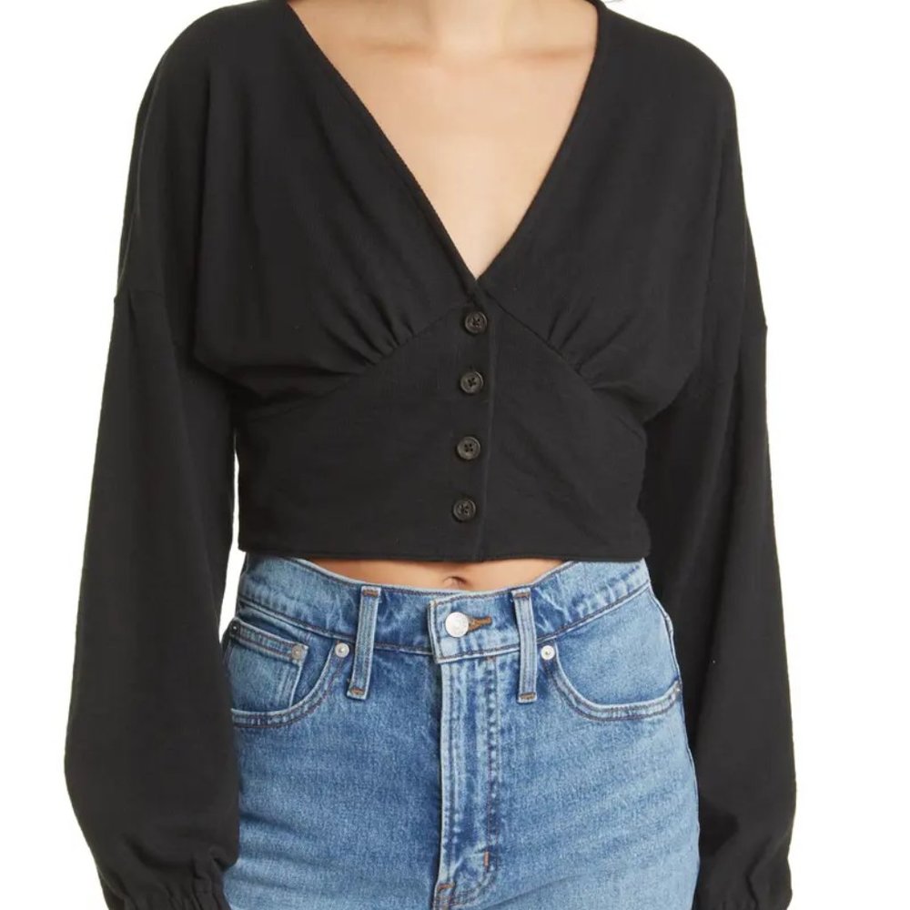 MADEWELL Black Deep-V Button Front Crop Top | NWT | XS